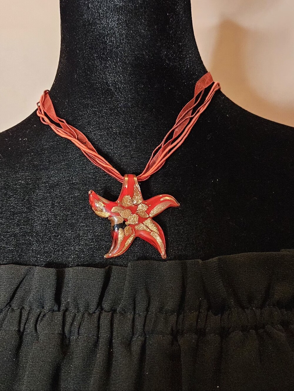Vibrant Red & Gold Foil Glass Starfish Pendant Necklace Multi-Strand Ribbon Cord